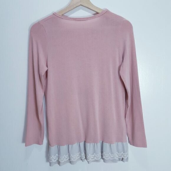 Soft Rose Pink Long Sleeve Top with Lace Frill Hem - Picture 2 of 5